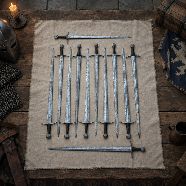 A set of medieval-style classic sword prop makes. Made in the 14th or 15th century style.