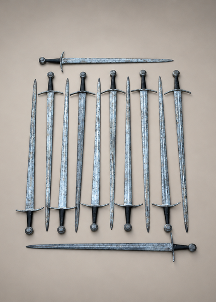A set of medieval-style classic sword prop makes. Made in the 14th or 15th century style.