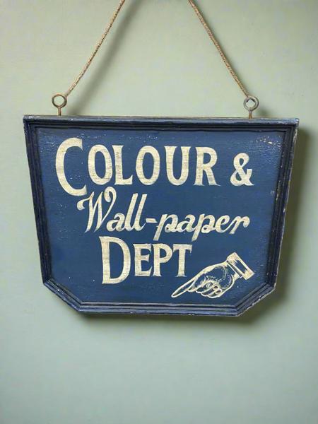 Colour & Wallpaper Department hand-painted signage with hooks ready to hang.
