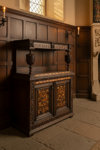 An early English court dresser with a dark vanished wooden base and lighter-coloured inlaid wood. The dresser features many carved details including two large carved acorns which act as supporting pillars and carved foliage details.