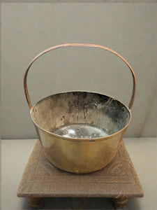 Victorian brass preserve/jam pan with an iron handle, in an aged condition.