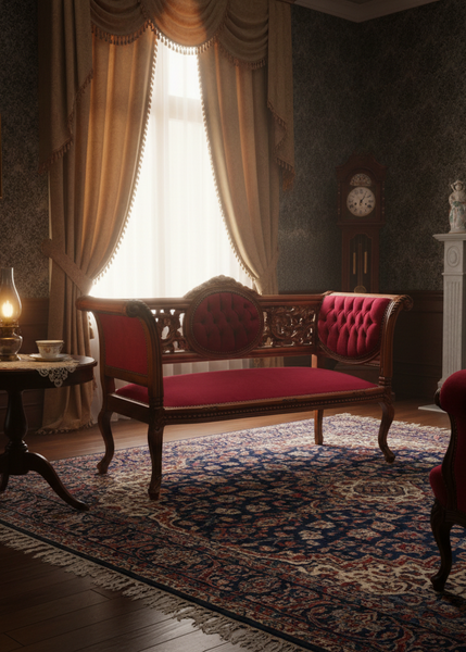 A Victorian-style carved mahogany settee with crimson pink upholstery.