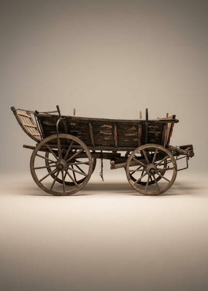Antique wooden hand cart with a curved, gridded back, suspended by a chain.
