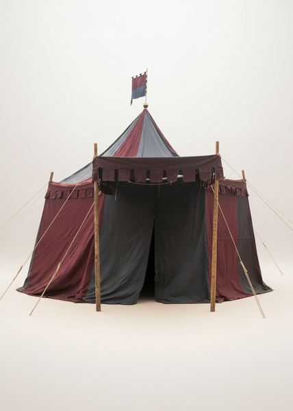Medieval pavilion grey and red tent with an awning and flag.