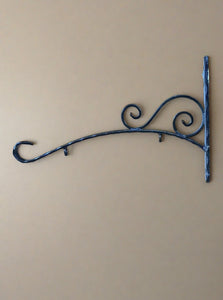 Small traditional wrought iron sign bracket, with a double swirl decorative detail.