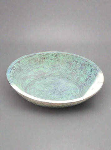 Large handmade wooden display bowl with a green patina.