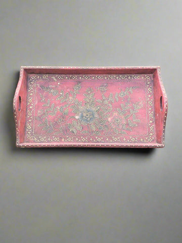 Hand-painted oriental style wooden tray with floral motifs and gold painted studs.