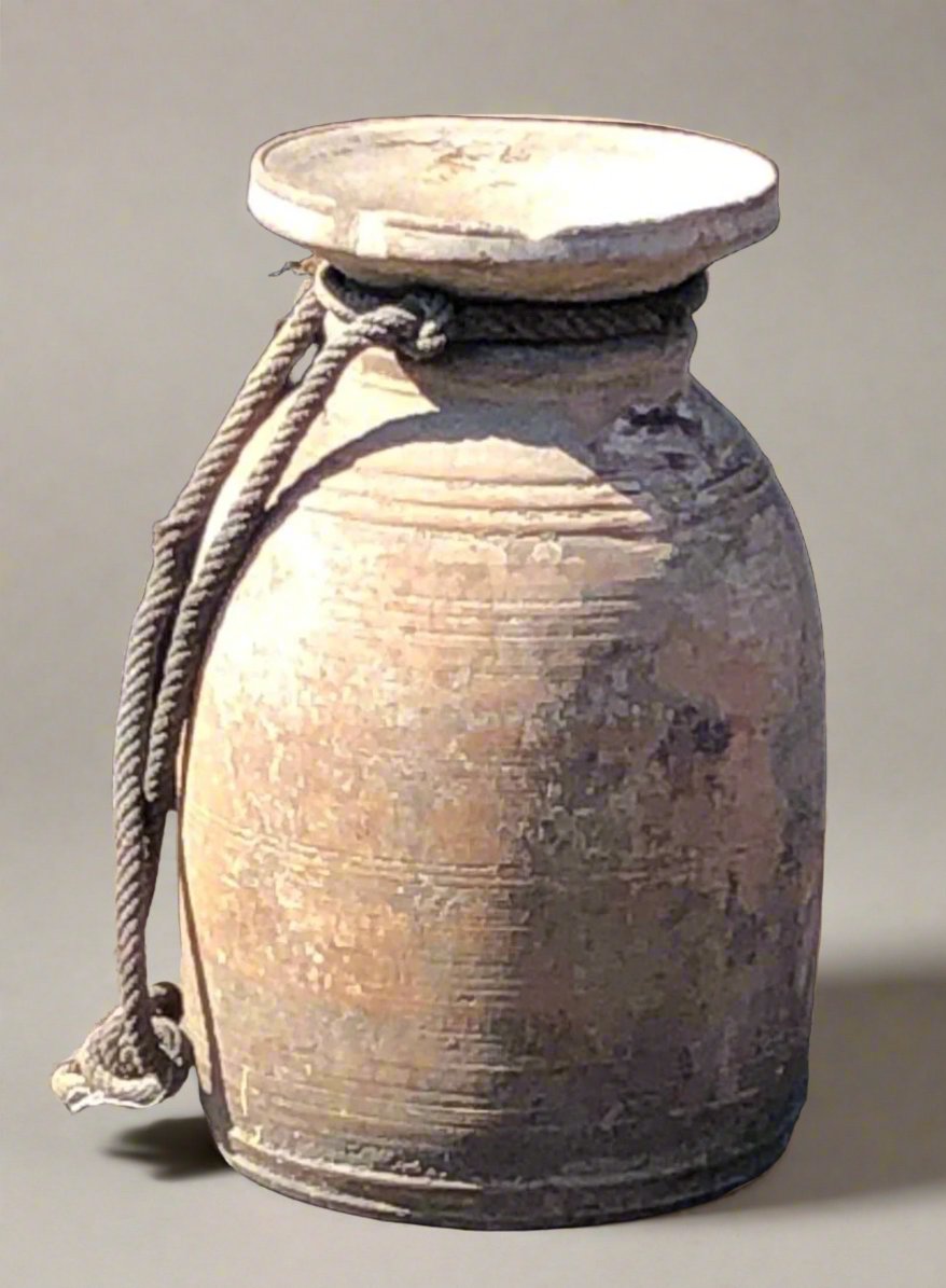 Rustic handmade vase/ water carrier with rope around the neck creating a carrying strap.