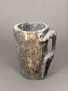 Large carved wooden tankard/vase with primitive style etchings.