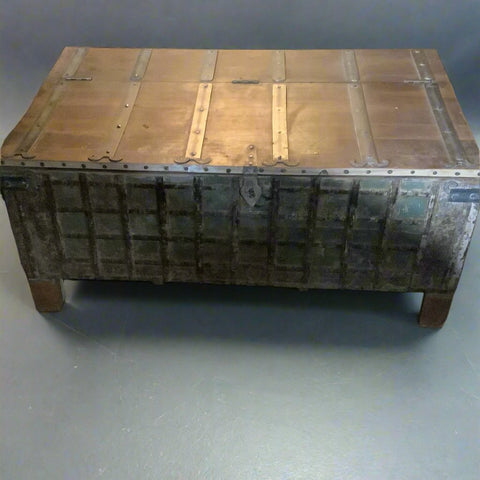 Large medieval style green gridded chest in an aged condition.