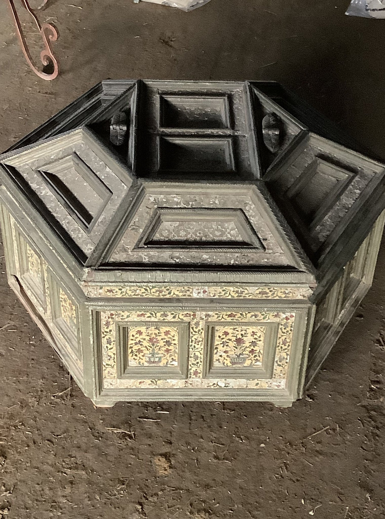 Hexagonal chest with a floral 'William Morris' style design to the body and raised lid.