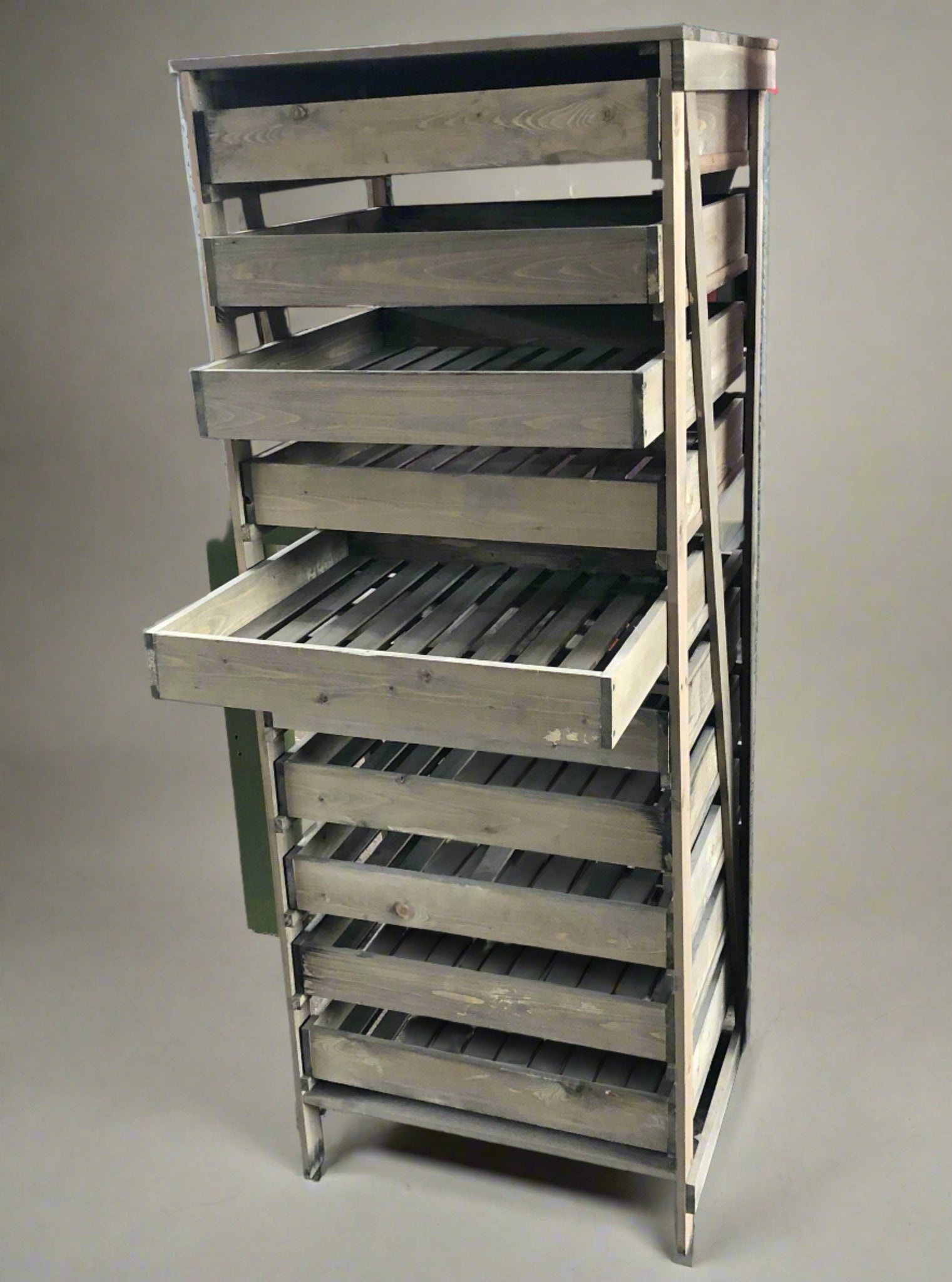 Baker's wooden bread rack with 10 drawers.