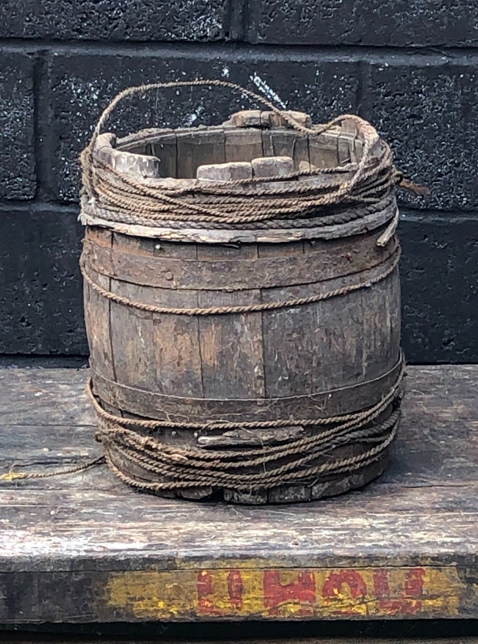 Wooden Bucket with Wound Rope