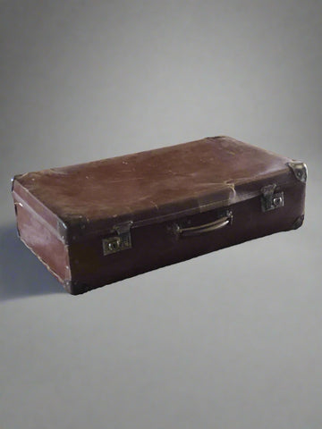 Classic brown stitched leather suitcase, mid-century.