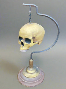 Resin replica human skull hanging on a chain.