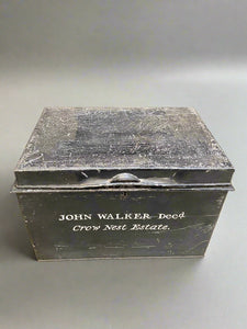 Medium size black deed box with the name 'John Walker Decd, Crow Nest Estate' decalled on the front.