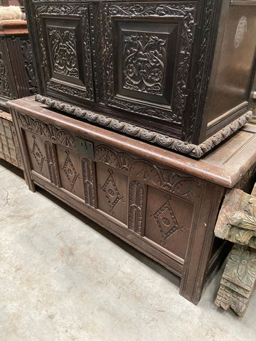 Wide Wooden Chest with Diamond Carvings