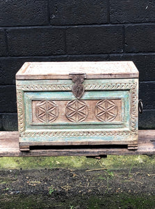 Carved Wooden Coffer with Green Detail