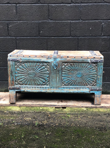 Carved Wooden Coffer with Blue Detail