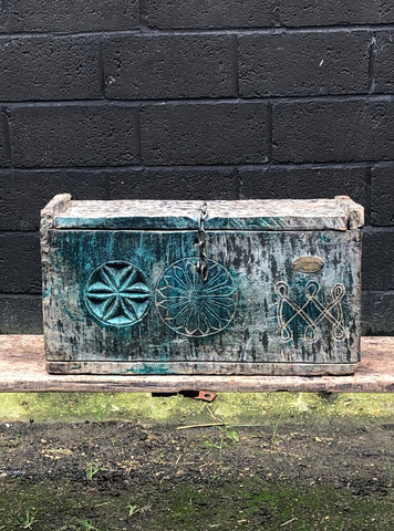 Carved Wooden Coffer in Blue Wash